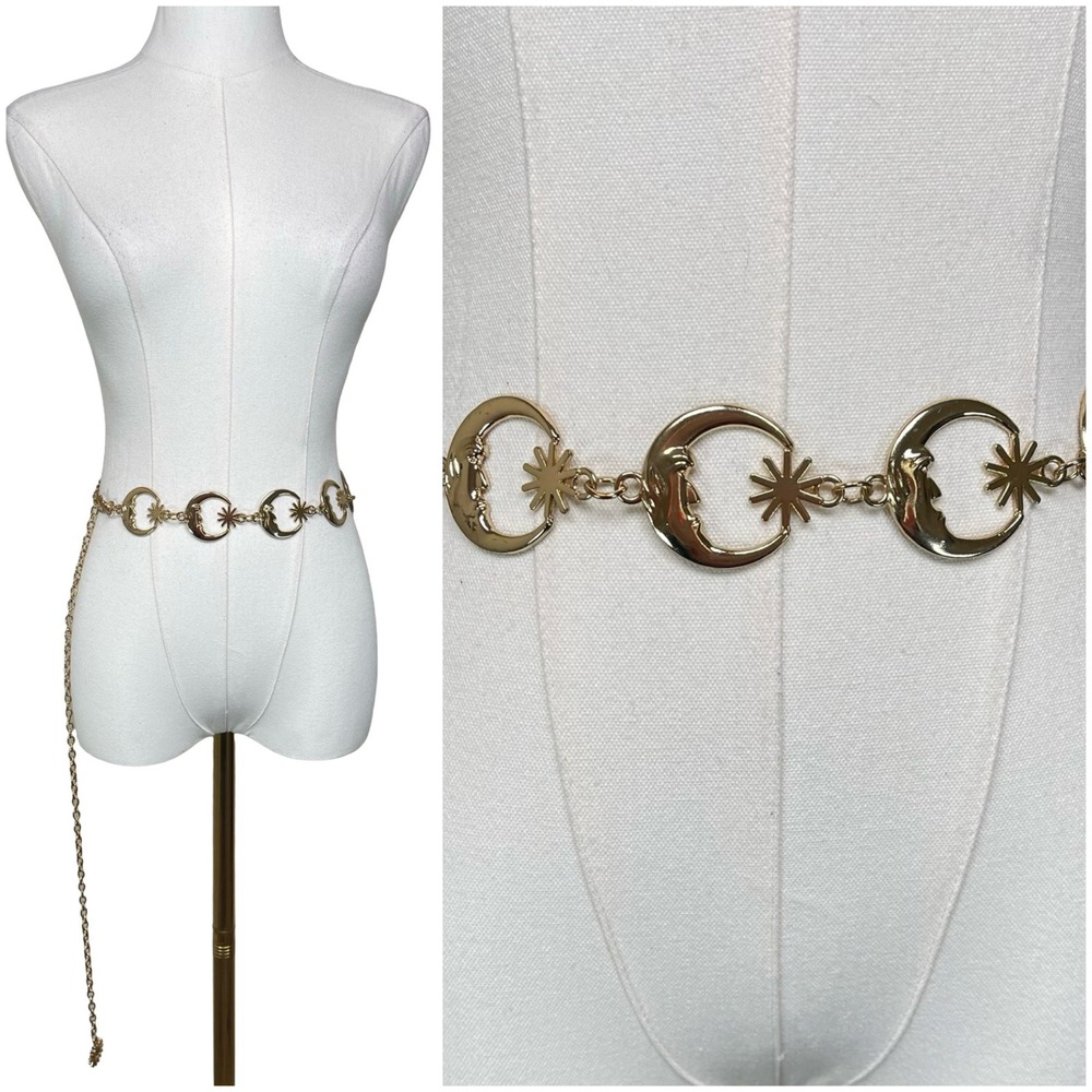 Celestial Sun Moon Star Chain Belt Women Gold Tone Adjustable Waist Link Belt